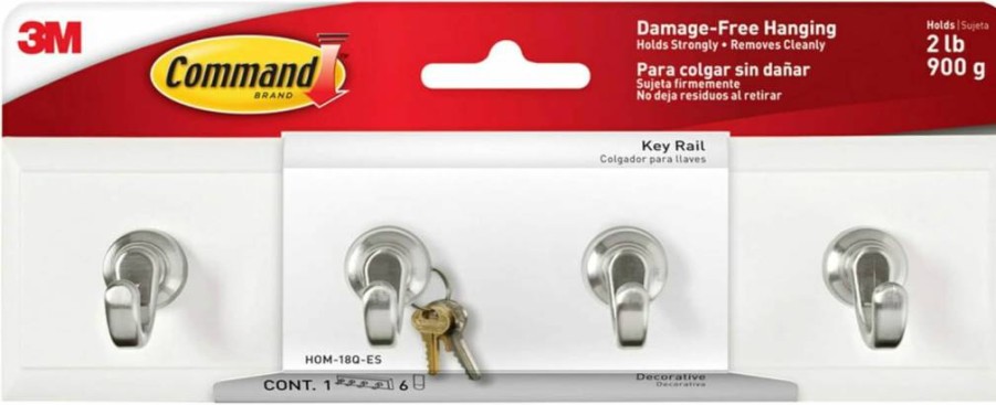 Command 8-Inch Removable Key Rail with 4 Hooks, 6 Command Strips – Holds 2 lbs for Keys, Hats, Leashes in Entryway, Hallway (Quartz)