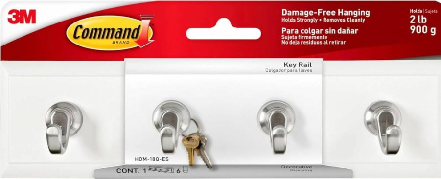 Command 8-Inch Removable Key Rail with 4 Hooks, 6 Command Strips – Holds 2 lbs for Keys, Hats, Leashes in Entryway, Hallway (Quartz)
