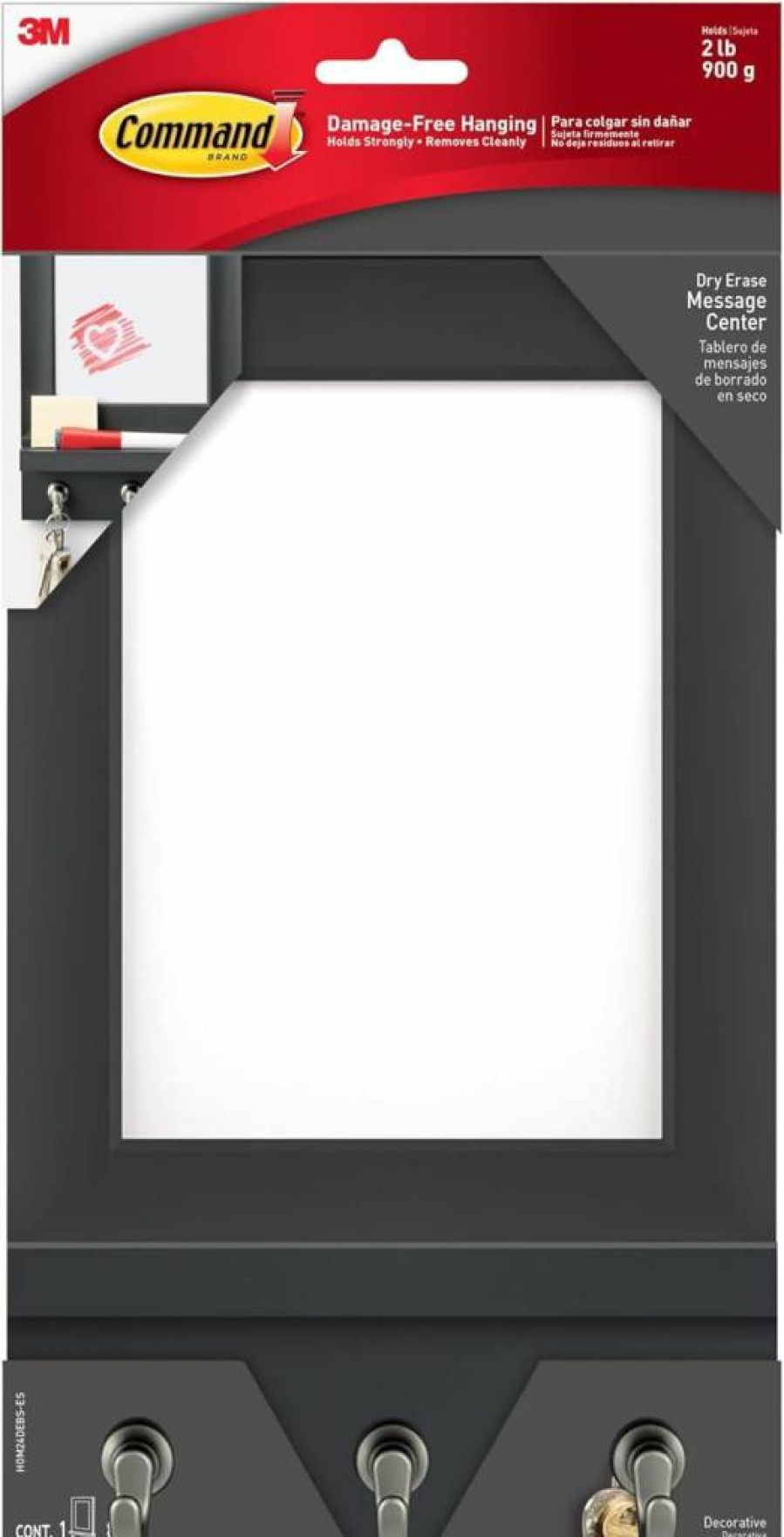 Command Dry Erase Board with Key Hooks - 8 Adhesive Strips Included - Dorm Room & Office Organization Slate Message Center