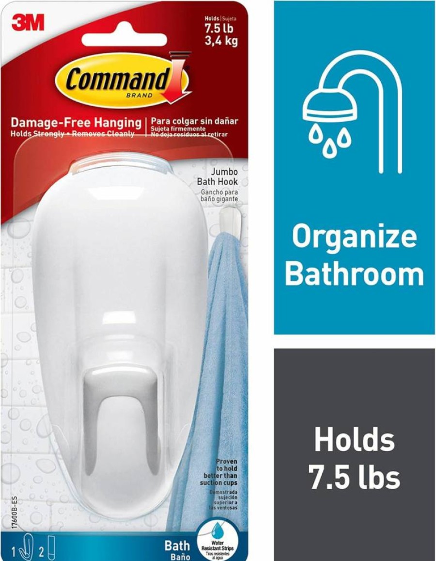 Command Wall Hook with Adhesive Strips - Water-Resistant Bathroom Organizer for Towels & Loofahs - Includes 1 Hook & 2 Command Strips
