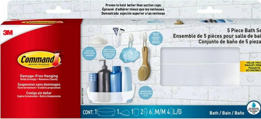 Command 5-Piece Bathroom Organizer Set with Shower Caddy, Soap Dish, Toothbrush Holder & 2 Hooks - Water-Resistant Adhesive Strips for Wall Mounting