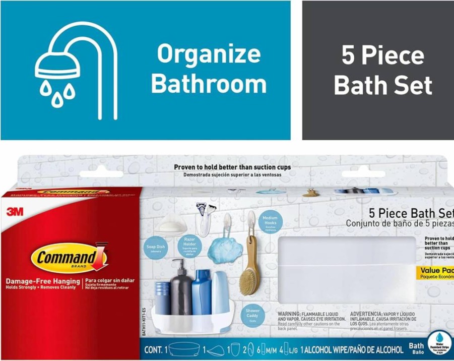 Command 5-Piece Bathroom Organizer Set with Shower Caddy, Soap Dish, Toothbrush Holder & 2 Hooks - Water-Resistant Adhesive Strips for Wall Mounting