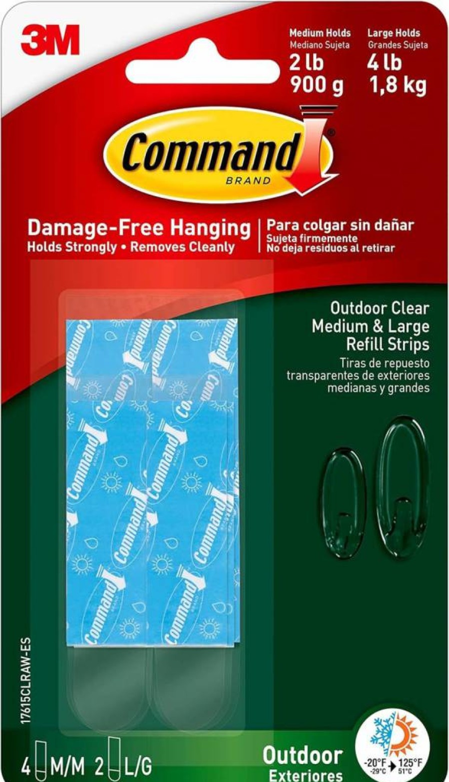 Command Outdoor Refill Strips - 2 Large & 2 Medium Clear Adhesive Strips for Damage-Free Hanging, Weather-Resistant Wall Hooks for Outdoor Decor