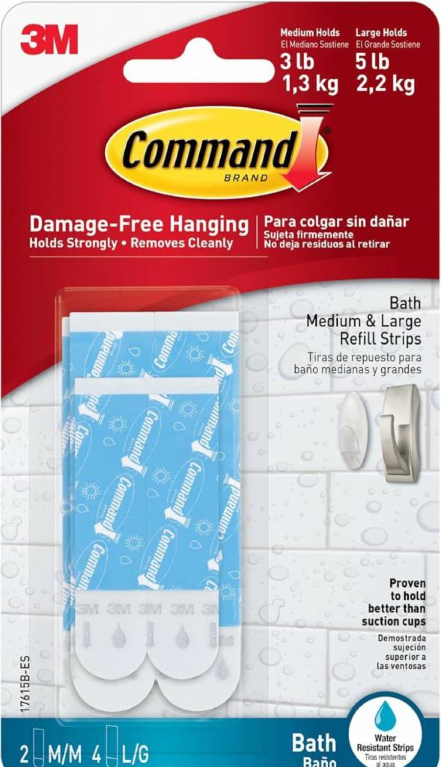 Command Bath Adhesive Refill Strips - Water-Resistant, Reusable Hanging Strips for Medium & Large Hooks, Caddies (2 Medium + 4 Large Strips)