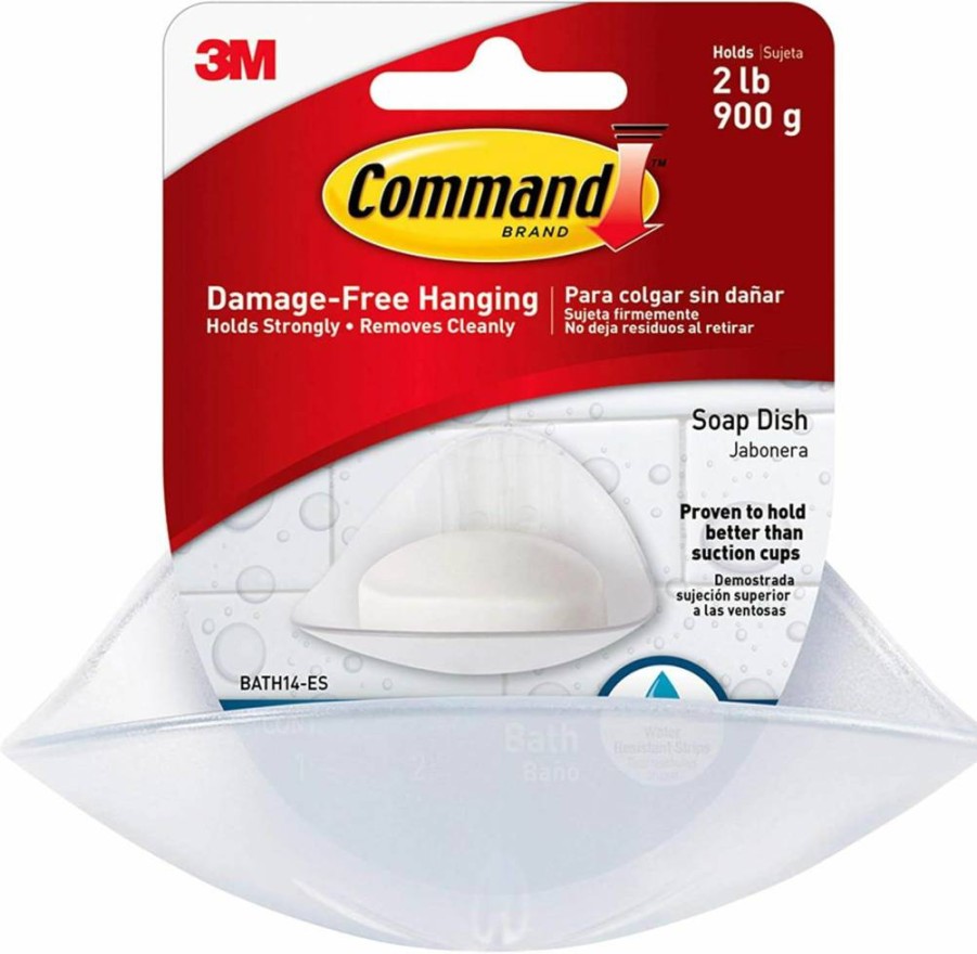 Command Soap Dish 2-Pack, 3.18" x 4.4" x 4.94", Holds 2 lbs, Damage-Free Mounting with 4 Strips & Bases, Bathroom Organizer for Shower or Sink
