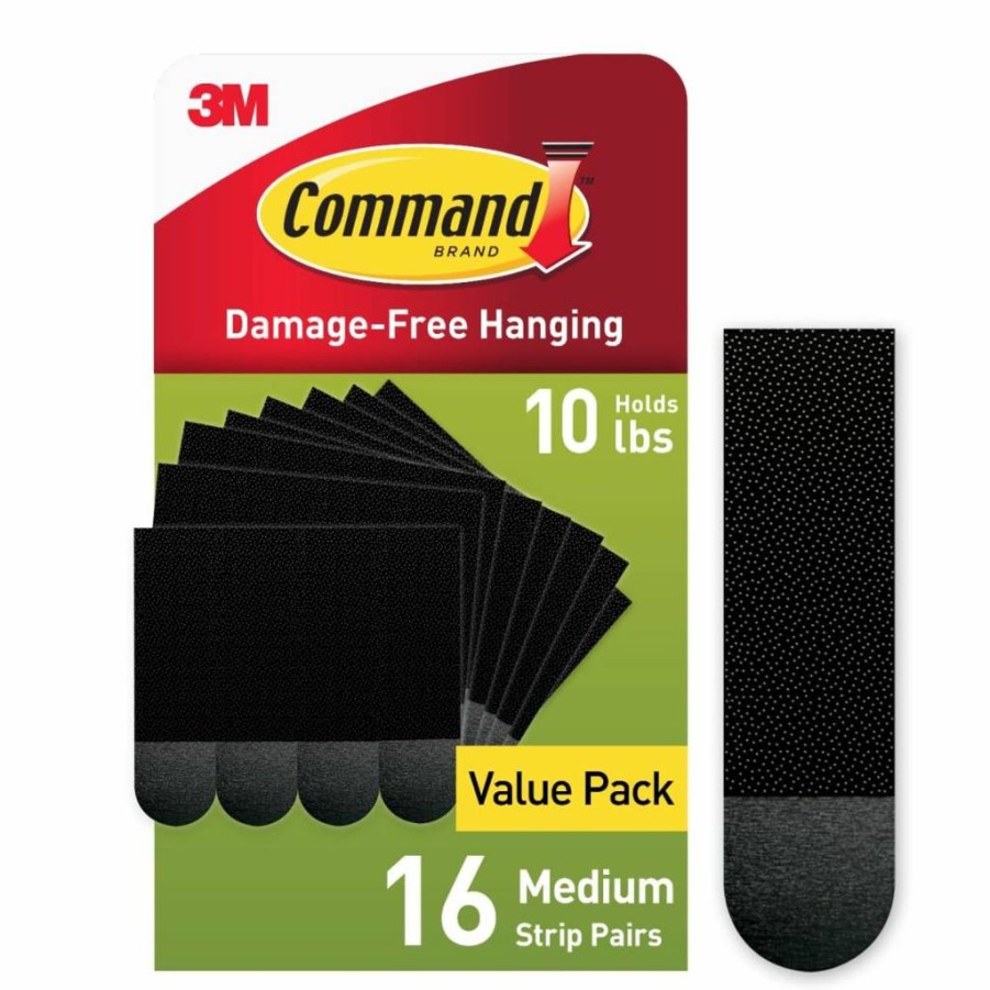 3M Command Medium Picture Hanging Strips 16-Pack (32 Strips) - 10 lb Hold, Damage-Free Wall Hooks, No Tools Needed for Home Decor, Black Adhesive Hangers