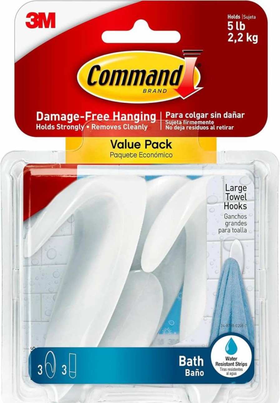 Command Medium Bath Hooks - 2 Pack with Adhesive Strips, Holds 3 lbs, No Damage Hanging for Towels, Robes & Loofahs, Bathroom Organization Solution