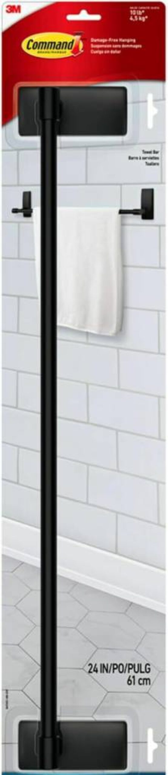Command Satin Nickel Towel Bar - 24 Inch Bathroom Organizer with Water-Resistant Strips, Holds 10 lbs, No Drilling Required