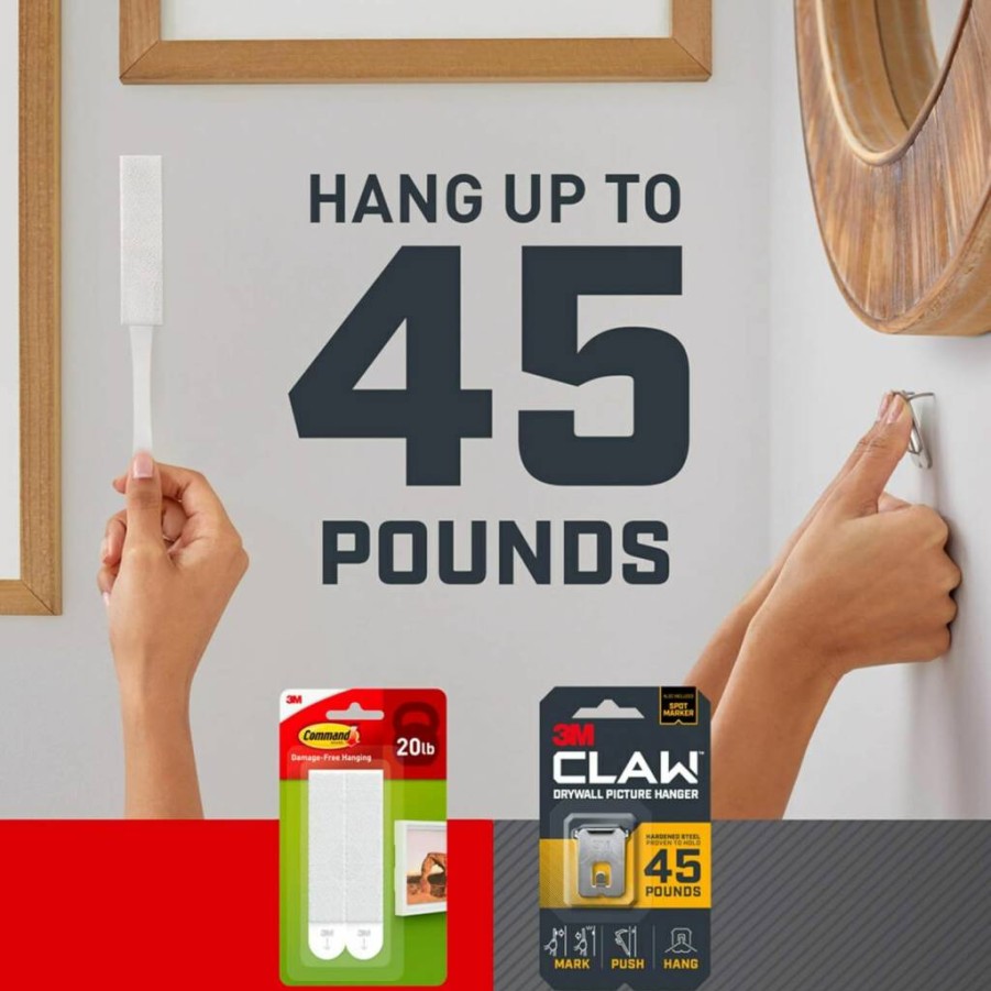 Command Picture Hanging Kit with 3M Claw Hangers - 16 Strips (8 Pairs) & 3 Hooks for 15-45 lb Frames, Damage-Free Wall Decor for Home & Room