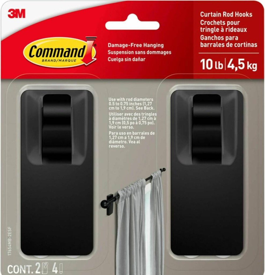 Command Damage-Free Satin Nickel Curtain Rod Hooks - 10 lb Hold, 2 Hooks & 4 Adhesive Strips, No Drilling Required for Home Decor
