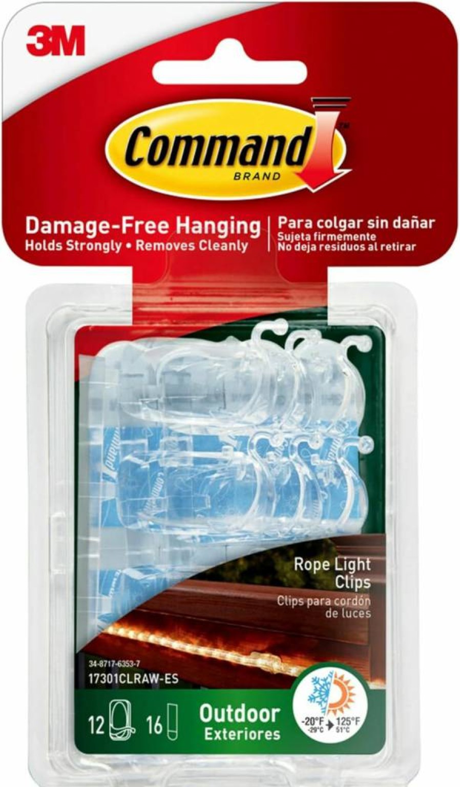 Command Outdoor Rope Light Clips - 12 Hooks & 16 Damage-Free Strips, Weatherproof Christmas Light Hangers for Exterior Wall Cable Management