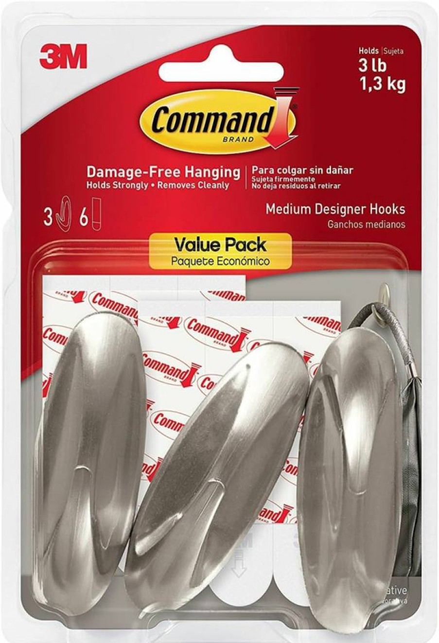 Command Brushed Nickel Wall Hooks - 3 Medium Damage-Free Hooks with 6 Strips, Holds 3 lbs, No-Nail Hanging Solution for Home Decor & Organization