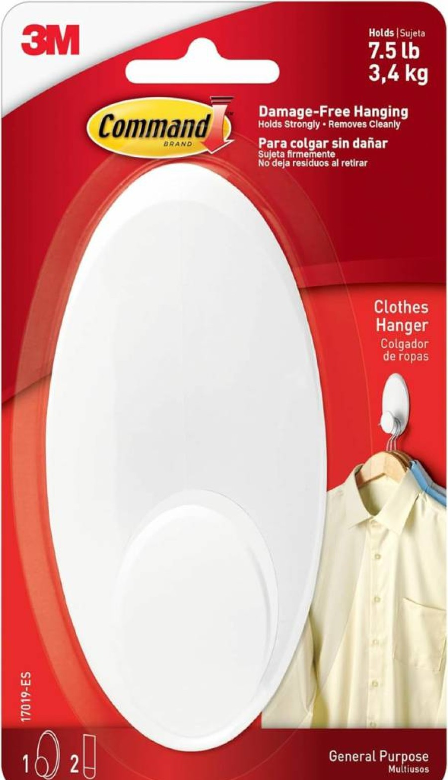 Command Heavy Duty Wall Hooks for Hangers - 7.5 lb Weight Capacity, Holds 3 Plastic or 7 Metal Hangers, Includes 2 Command Strips for Laundry Room, Closet & Bedroom Organization
