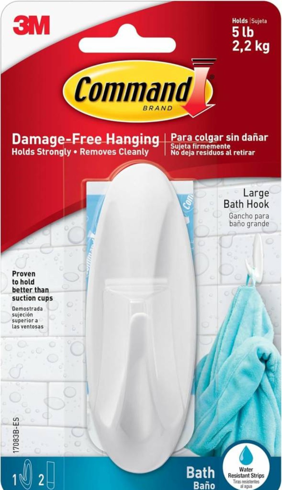 Command Medium White Adhesive Bath Hooks (2-Pack) - Water-Resistant Strips, Damage-Free Hanging for Dorm & Bathroom Organization (17081B-Es)