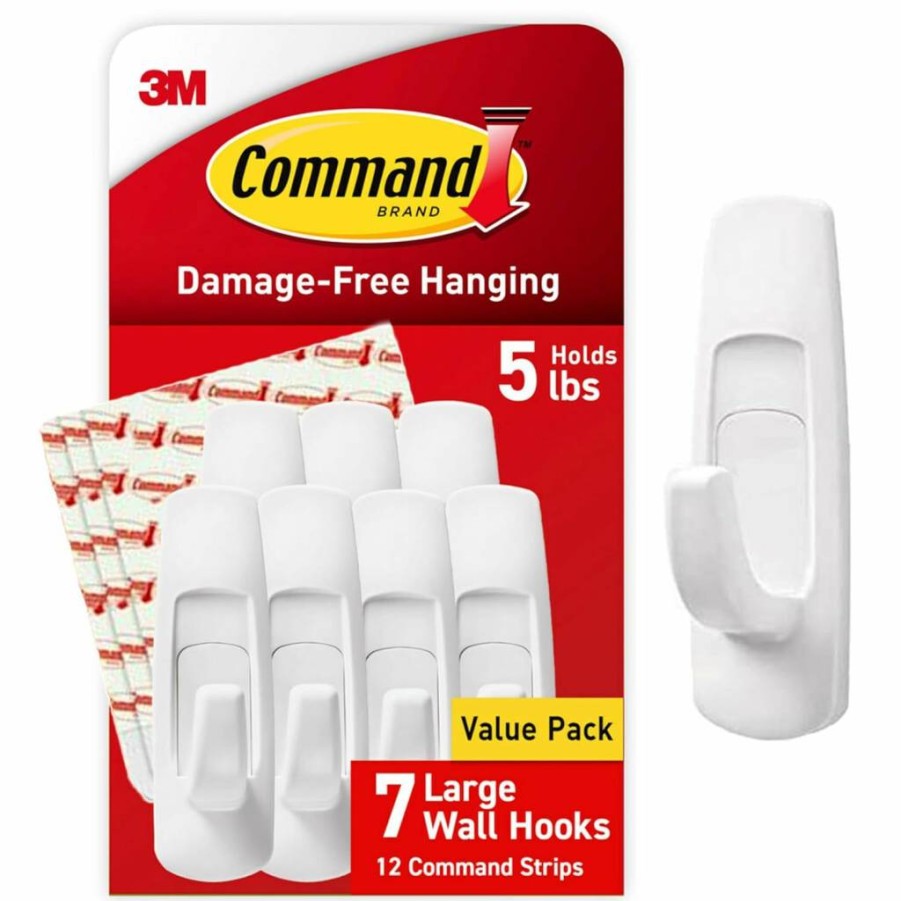 Command 5 Lb Large Adhesive Hooks - 7 Damage-Free Wall Hooks with 12 Strips, No Tools Needed for Hanging, Storage & Organization Solution