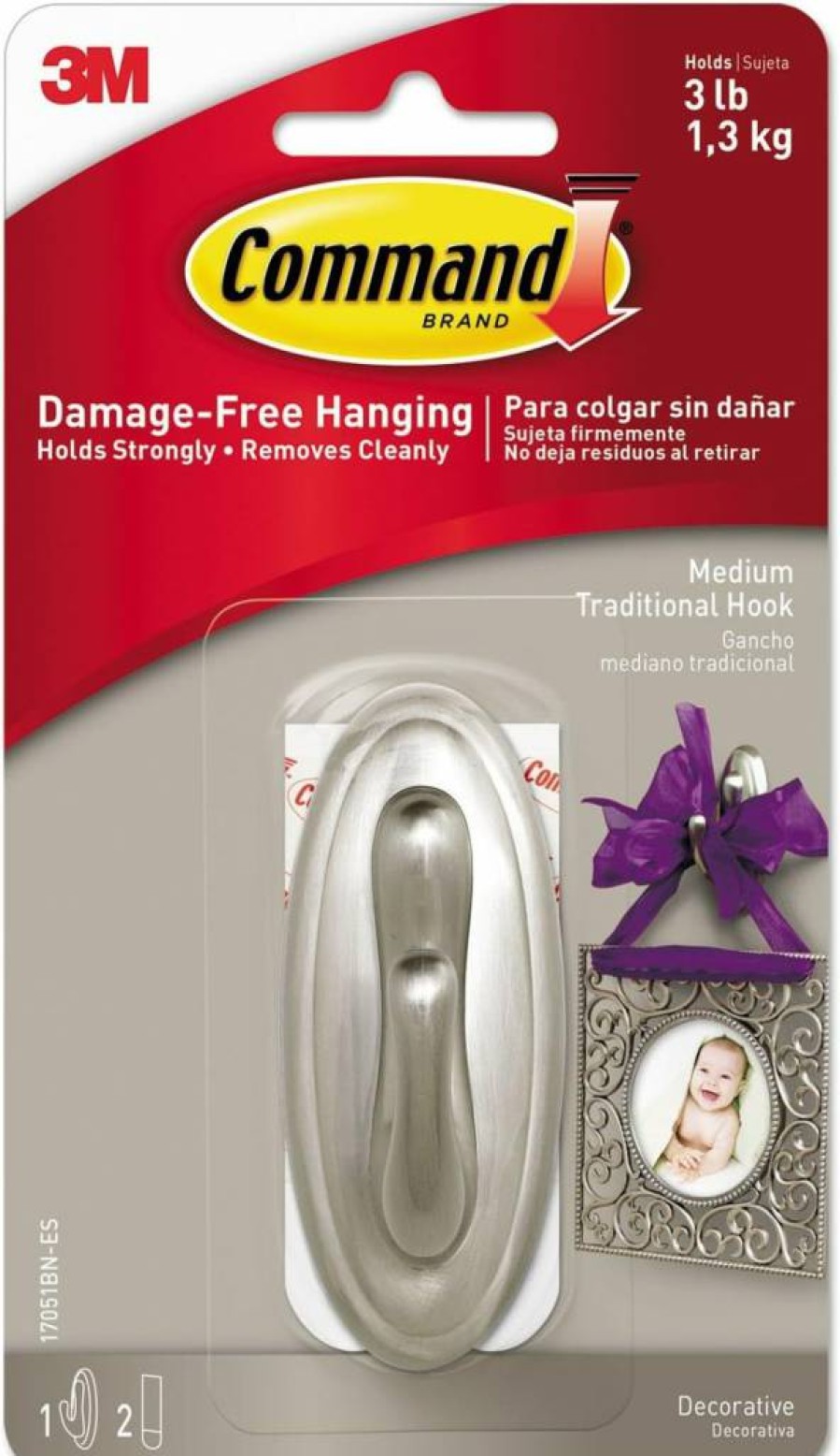 3M Command Medium Brushed Nickel Wall Hook, Damage-Free No Tools Hanging Solution, Holds 3 lb, Includes 2 Adhesive Strips for Decor & Organizing