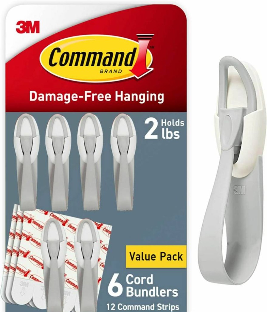 Command Cord Bundlers - 6 Pack with 12 Strips, No Tools Damage-Free Cable Organizer, Hanging Cord Holder for Electrical Wires, Gray Cord Management Solution