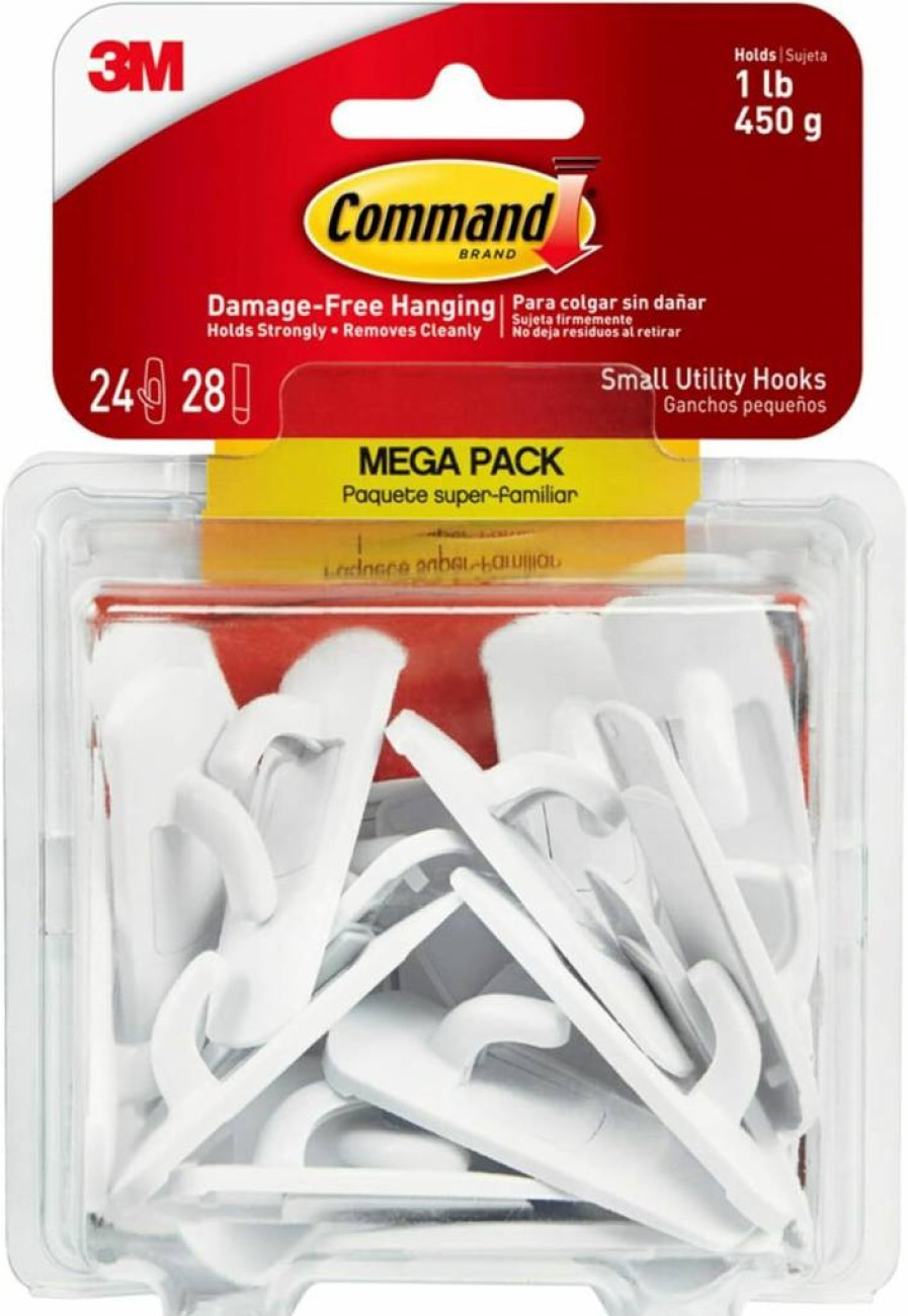 Command Damage-Free Adhesive Hooks, 24-Pack White Small Utility Hooks with 28 Command Strips, No-Tool Wall Hanging Solution for Home Organization