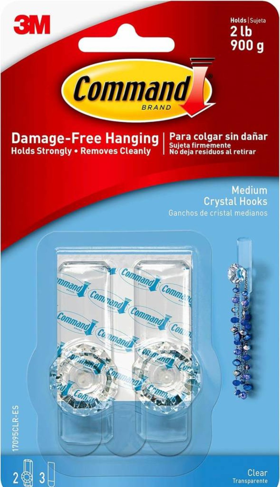 Command Medium Crystal Hooks - 2 Pack, Damage-Free Hanging for Jewelry & Accessories, Holds 2 lbs, Includes 3 Command Strips for Walls, Doors, Cabinets