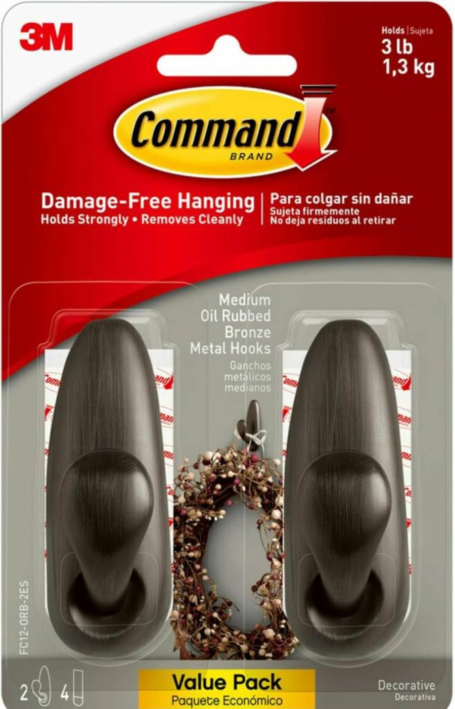Command Medium Oil Rubbed Bronze Wall Hooks - 2 Pack with 4 Adhesive Strips, Damage-Free Hanging Solution for Home Decor, Holds 3 lbs, Classic Metal Hooks for Hats, Keys & More