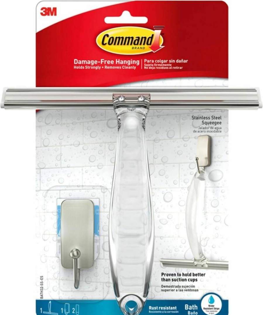 Command Shower Caddy with Adhesive Strips, Satin Nickel Finish, 1 Hook & Squeegee, Water-Resistant Bath Organizer, 1 LB Capacity, Easy Installation, No Tools Needed