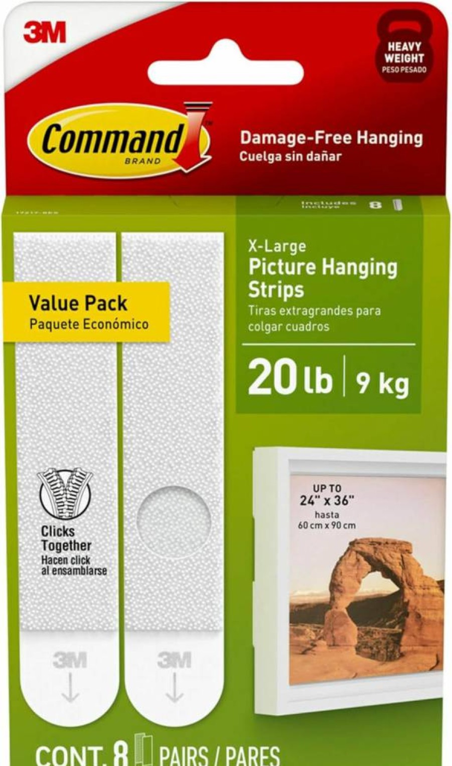 Command Heavy Duty Picture Hanging Strips - 20 LB XL Weight Capacity, 8 White Adhesive Pairs, Damage-Free Wall Hangers for Photos & Frames, Living Room & Office Decor