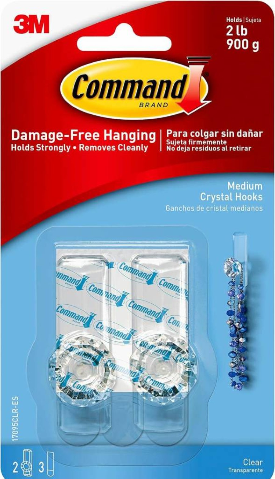 Command Medium Crystal Hooks - 2 Pack with 3M Strips, Damage-Free Hanging for Jewelry & Accessories on Walls, Doors, Cabinets (Holds 2 lbs)