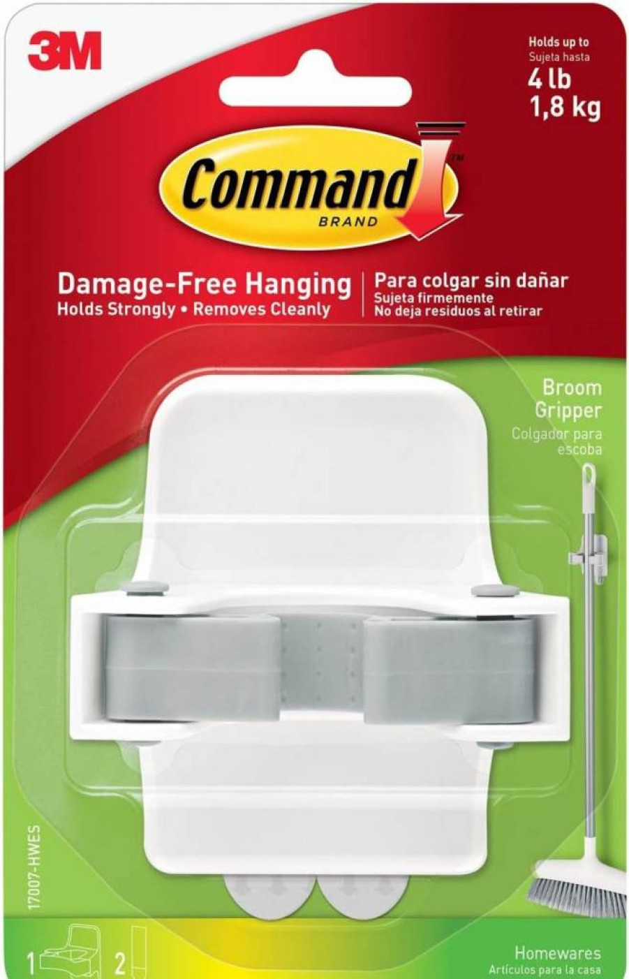Command Broom and Mop Holder with Adhesive Strips - Damage-Free Wall Mount Organizer, Holds Up to 4 lbs - 2 Hangers & 4 Command Strips Included