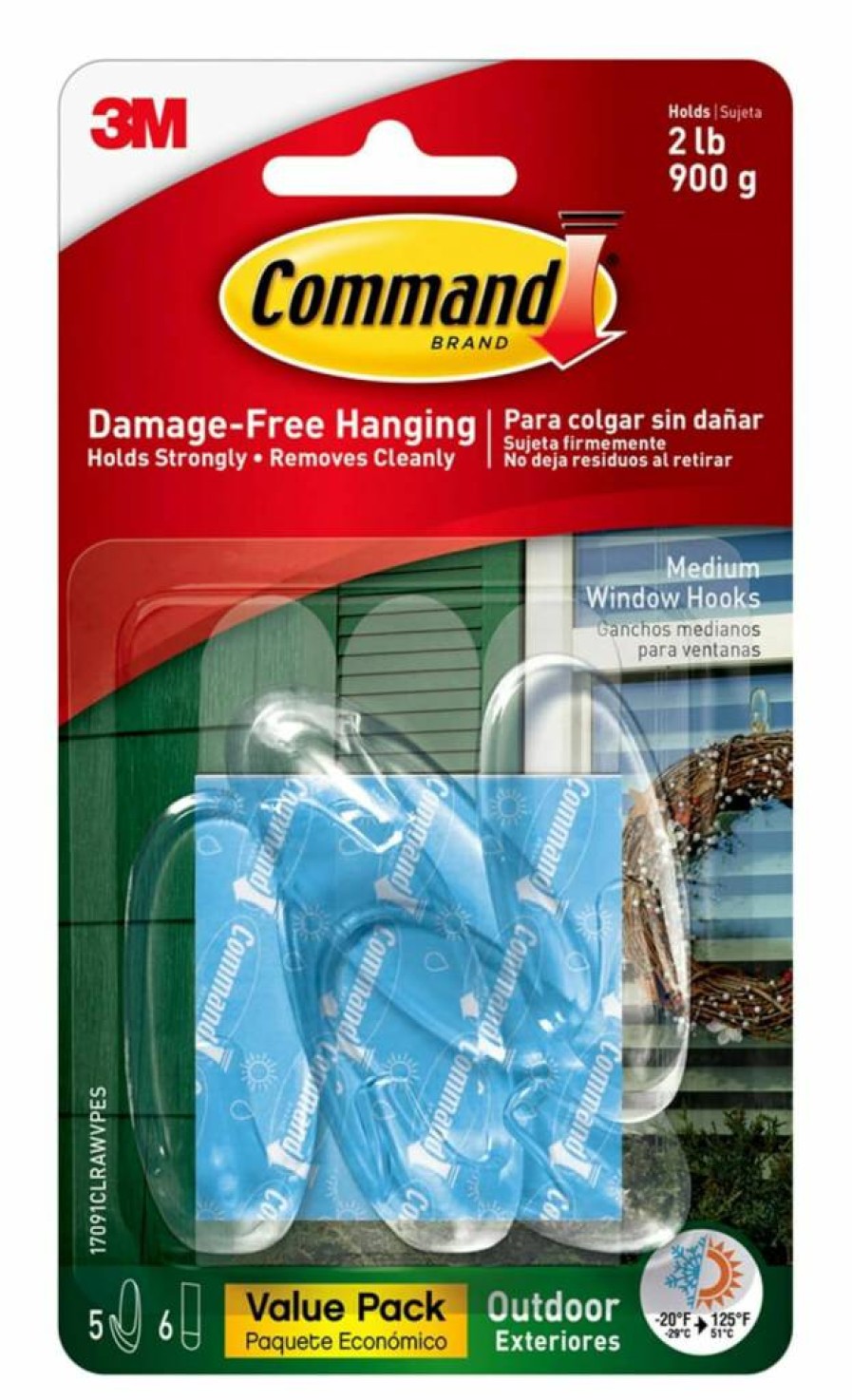 Command Outdoor Medium Clear Wall Hooks - 5-Pack with 6 Damage-Free Strips, Weather-Resistant Hanging Solution for Outdoor Decor, Holds 2 lbs