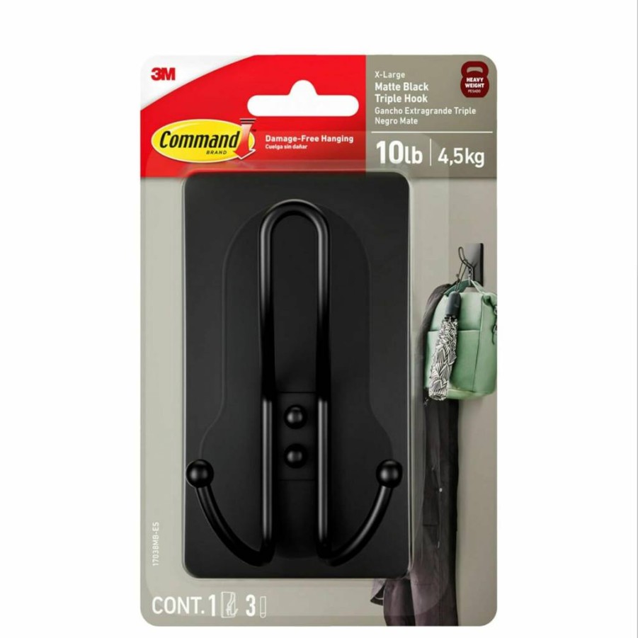 Command X-Large Triple Hook - 3-Pack Matte Black Adhesive Wall Hooks, Damage-Free Hanging Solution for Decor & Organizing, No Tools Needed