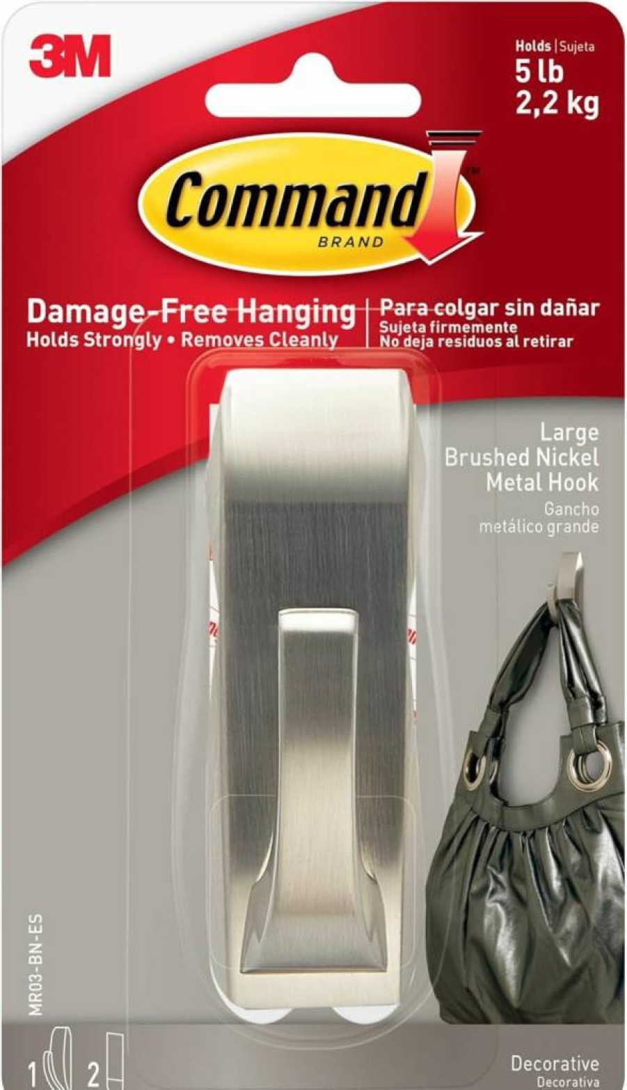 Command Brushed Nickel Large Decorative Metal Hook, Damage-Free Hanging with 2 Adhesive Strips, Modern Wall Organizer