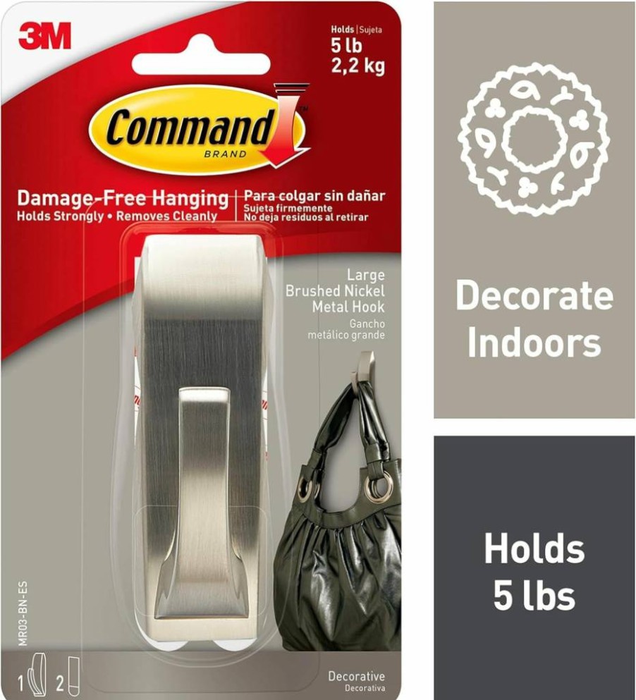 Command Brushed Nickel Large Decorative Metal Hook, Damage-Free Hanging with 2 Adhesive Strips, Modern Wall Organizer