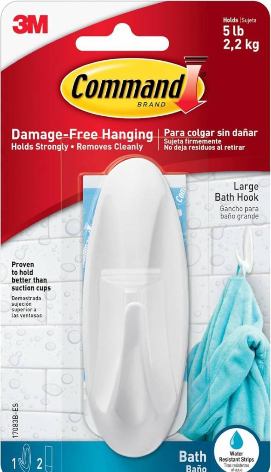 Command Large White Bath Hook with Water-Resistant Strips - 1-Hook Dorm Organizer (17083B-Es) - Damage-Free Hanging