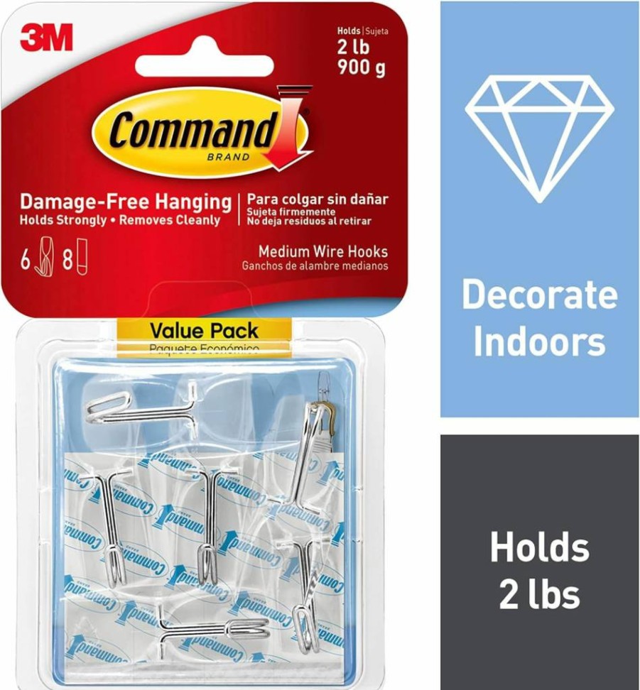3M Command 17065Clr-6Es Clear Wire Hooks, 6 Hooks with 4 Adhesive Strips, Damage-Free Hanging Solution