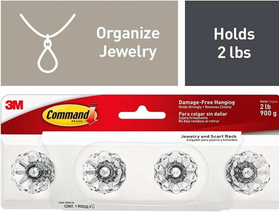 Command Crystal Knob Jewelry & Scarf Hanger, 2-Pack with 4 Command Strips, Damage-Free Closet Organizer for Accessories, Holds 2 lbs