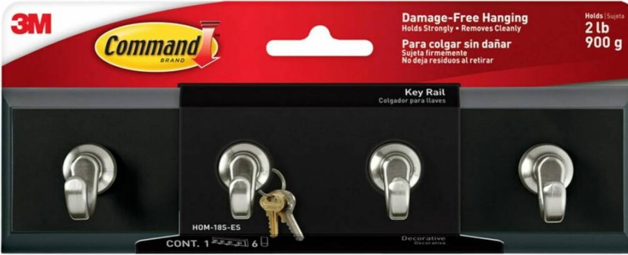 3M Command Key Rail with 4 Removable Hooks, 8-Inch Organizer for Keys, Hats, Leashes – Includes 6 Command Strips, Holds 2 lbs, Slate Finish for Entryway & Hallway